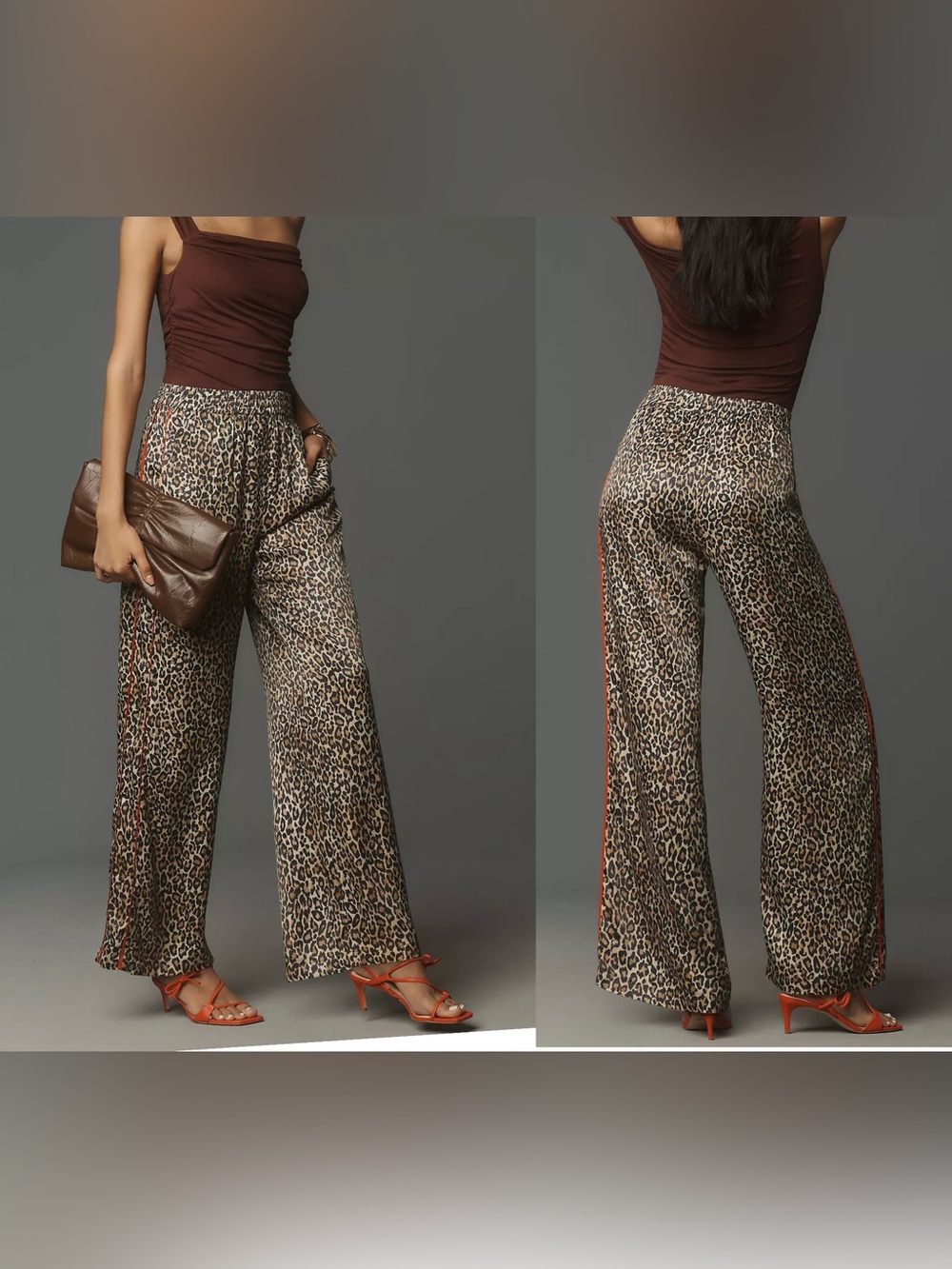 Anthropologie Leopard Pull-On Pants Wide Leg Tuxedo Stripe Fluid Satin Medium - Picture 2 of 13